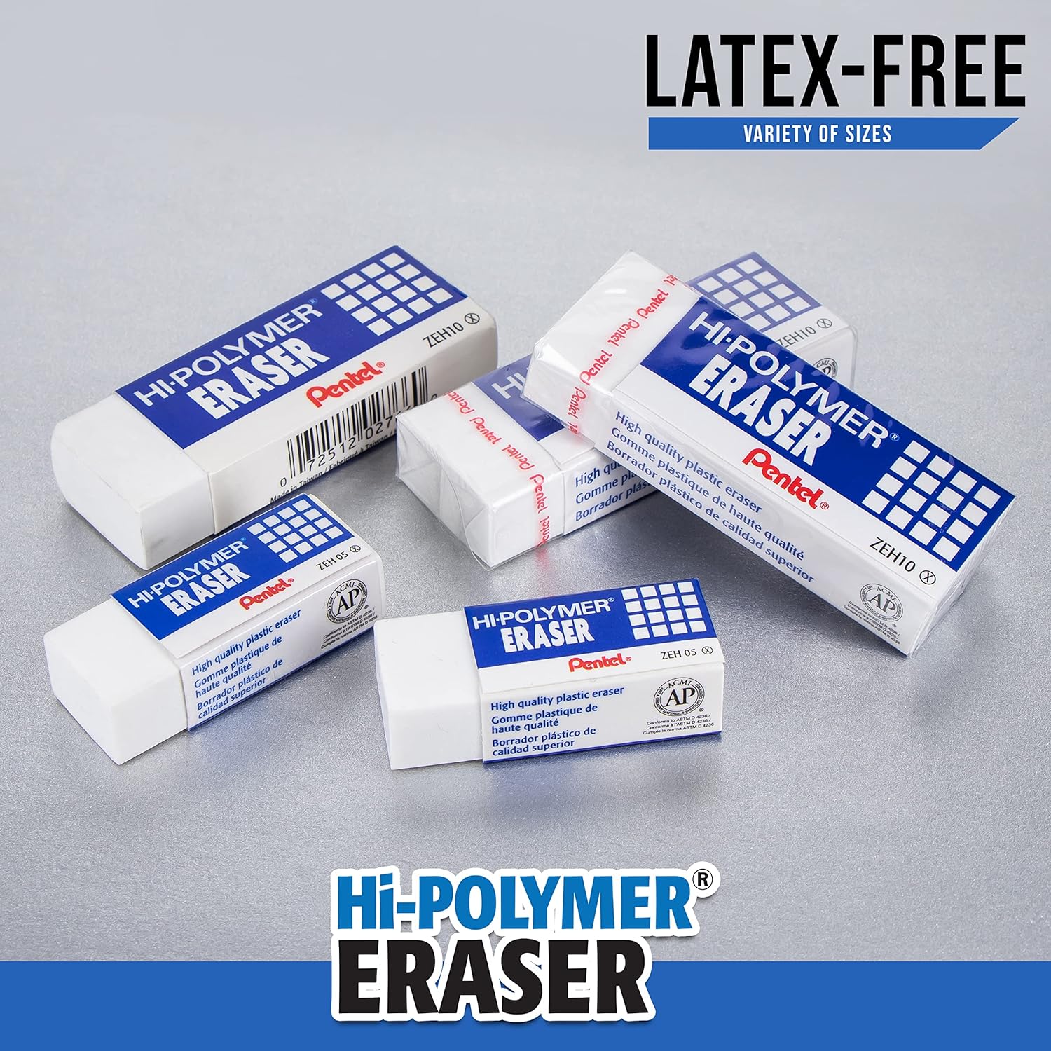 Pentel HI-Polymer Eraser Combo Pack, 6 Caps, 1 Large (ZEH0210BP7)