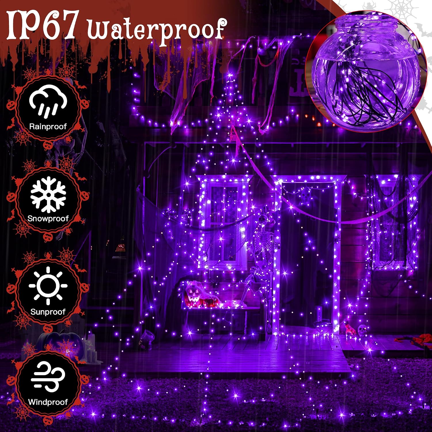 Ollny Halloween Lights Outdoor 454 LED Spider Web Lights Purple 17.4FT Tall