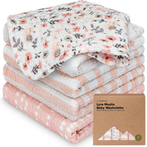 5pk Muslin Baby Washcloths for Newborn, 12x12 Soft Absorbent (Sweet Charm)