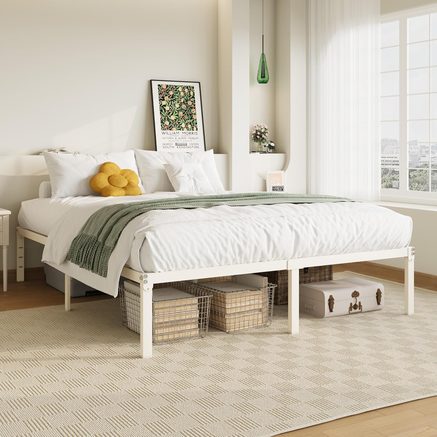 Allewie Full Size Bed Frame, 14 inch Metal Beds with Storage Space, Beige