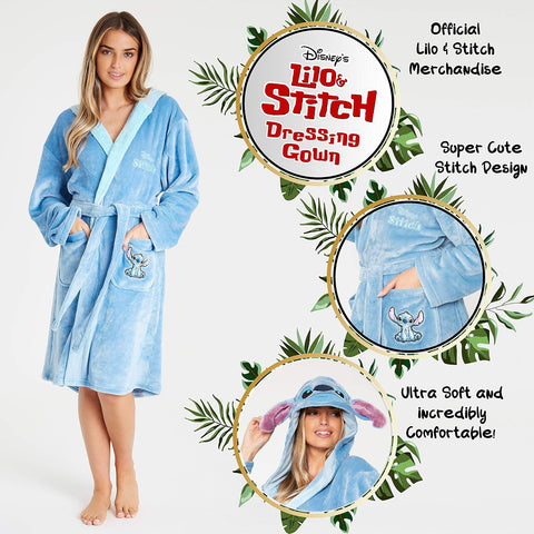 Disney Robes for Women, Lilo and Stitch Bath Robes, Fleece Bathrobe with Hood, Soft Polyester