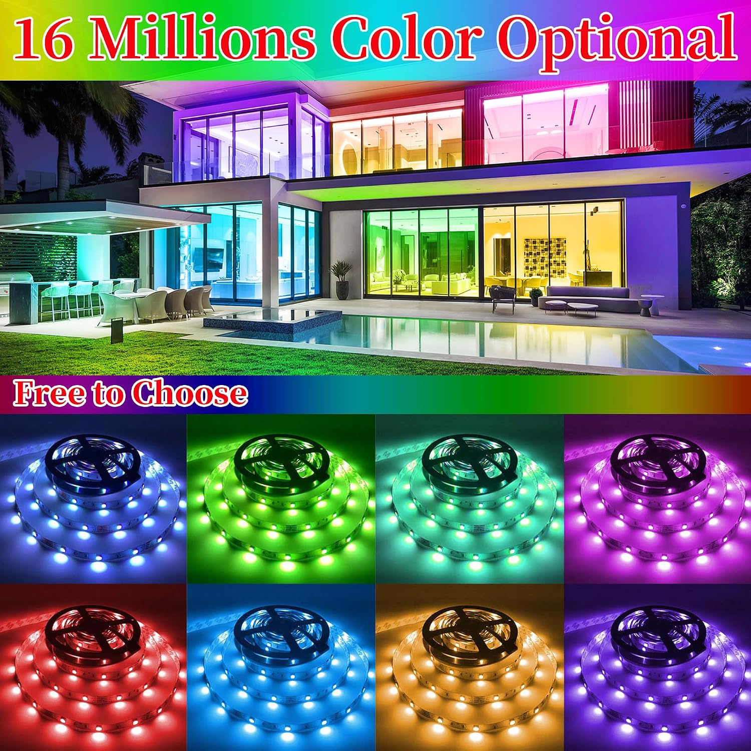 QZYL LED Lights for Bedroom, 25FT RGB LED Strip Lights with 44 Keys IR Remote, Smart LED Light Strip with Adhesive Backing Adjustable Brightness App Control for Bedroom Party Decoration