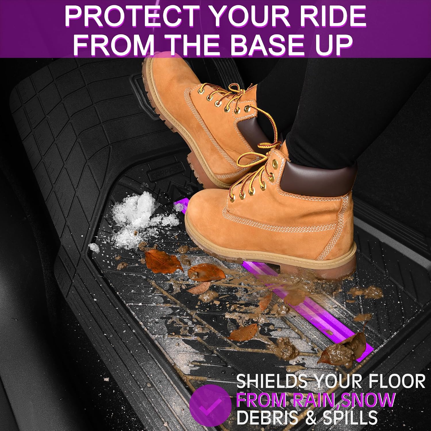 CAR PASS Rubber Floor Mats for Cars, Car Mats Full Sets DeepDish,Universal S~L Size Trim-to Fit Automotive Floor Mat for Truck Van SUV, Heavy Duty Waterproof All-Weather Floor Liners Black Purple