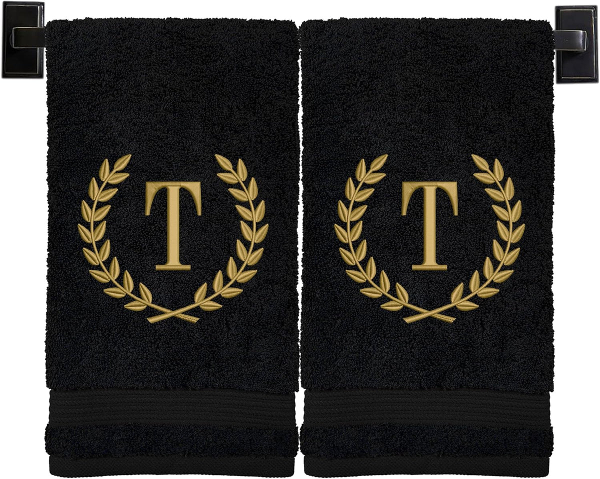 Monogrammed Hand Towels for Bathroom | Set of 2 | Genuine Turkish Towels | Choose Towel and Thread Color | A - Z | Monogrammed Towels with Embroidered Wheat Laurel Design
