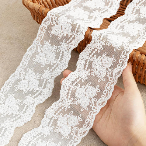 Lace Trim Ribbon, 3-Yard White Lace Ribbon, 3.3 Inch Width White Laces Trims Delicate Floral Pattern Ribbons for Crafts Sewing and Bridal Wedding Dress Applique Decorations