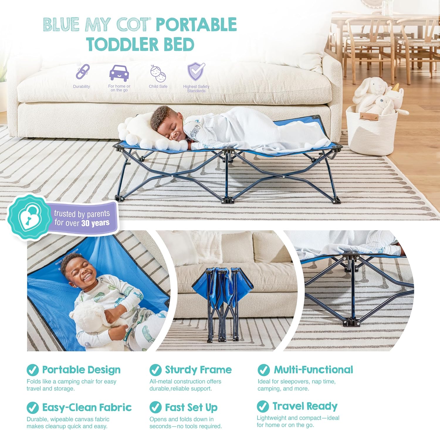 Regalo My Cot® Portable Toddler Bed, Foldable Kids Travel Bed & Camping Cot, Lightweight Sleeping Cot for Toddlers, Indoor/Outdoor, 46.5” x 24.5” x 9”, Royal Blue