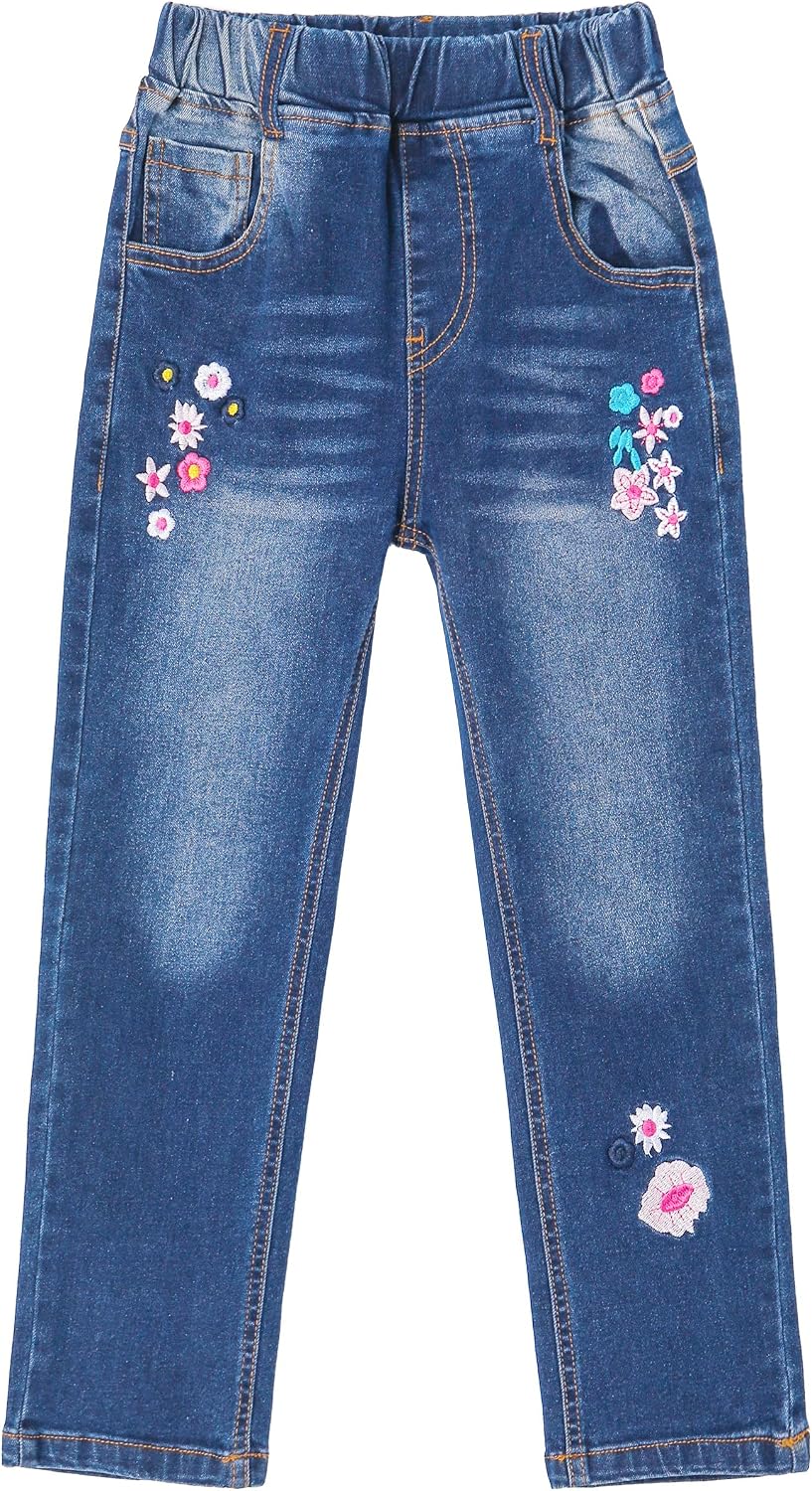 KIDSCOOL Girls Embroidered Jeans,4-15T Ribbed Elastic Waist Denim Pants