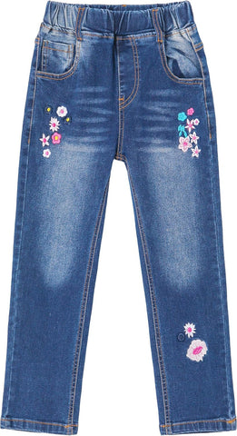 KIDSCOOL Girls Embroidered Jeans,4-15T Ribbed Elastic Waist Denim Pants