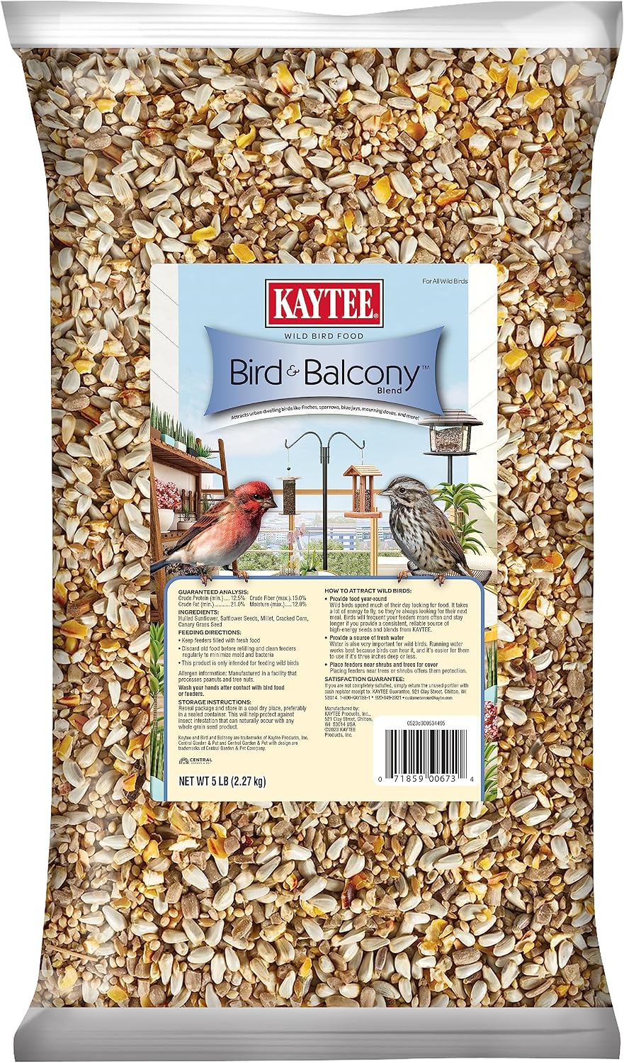 Kaytee Bird & Balcony Wild Bird Food No Mess Seed Blend for City Dwelling Birds Like Finches, Sparrows, Mourning Doves and More, 5 lb