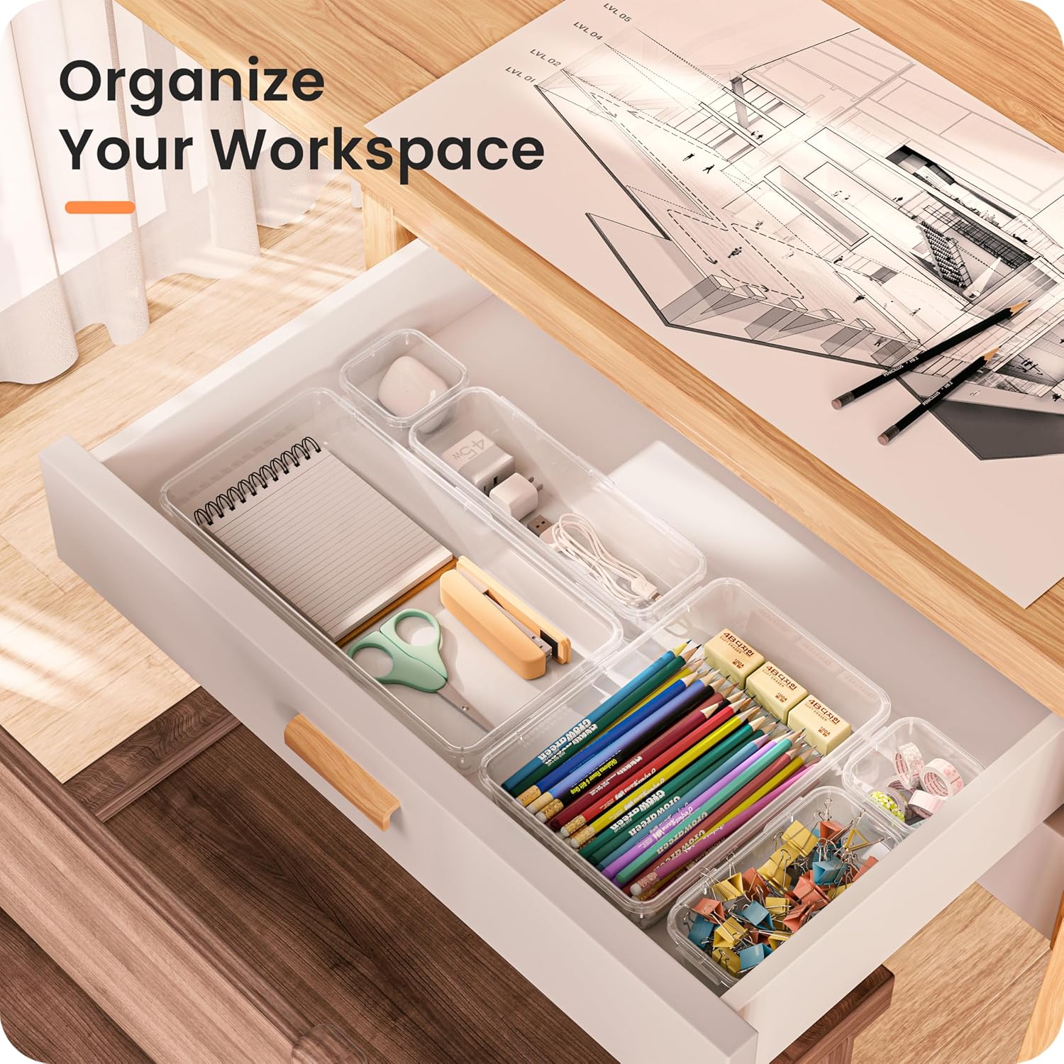 A-LuGei 【Military Grade】 Drawer Organizer, 【𝟱𝗦𝗶𝘇𝗲】 Makeup organizer, 【Holds 177 Items】 Bathroom Organizers and Storage, Organization and Storage, Desk Drawer Organizer for Vanity 【Clear】
