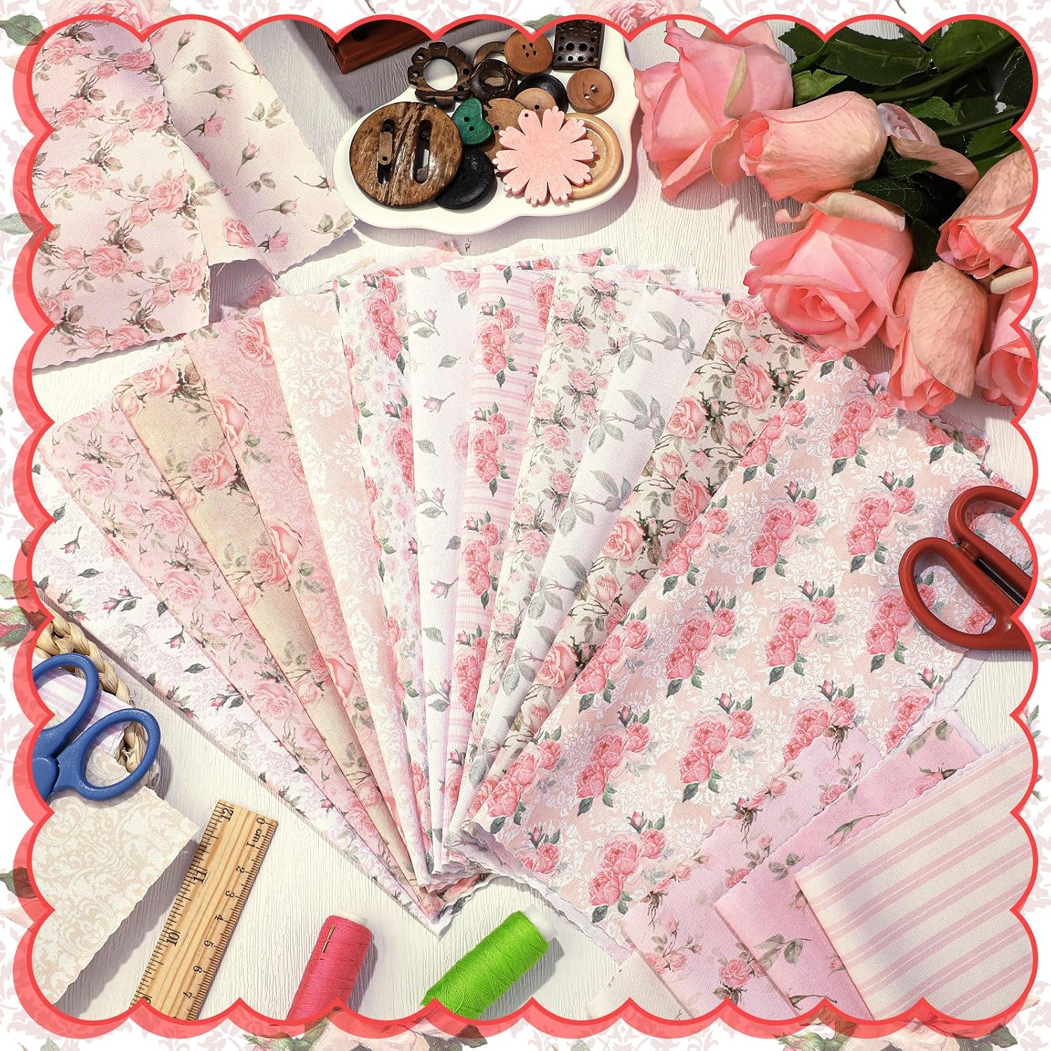 HunnmingRe 20 Pcs 10''x10'' Vintage Pink Roses Quilting Fabric Squares