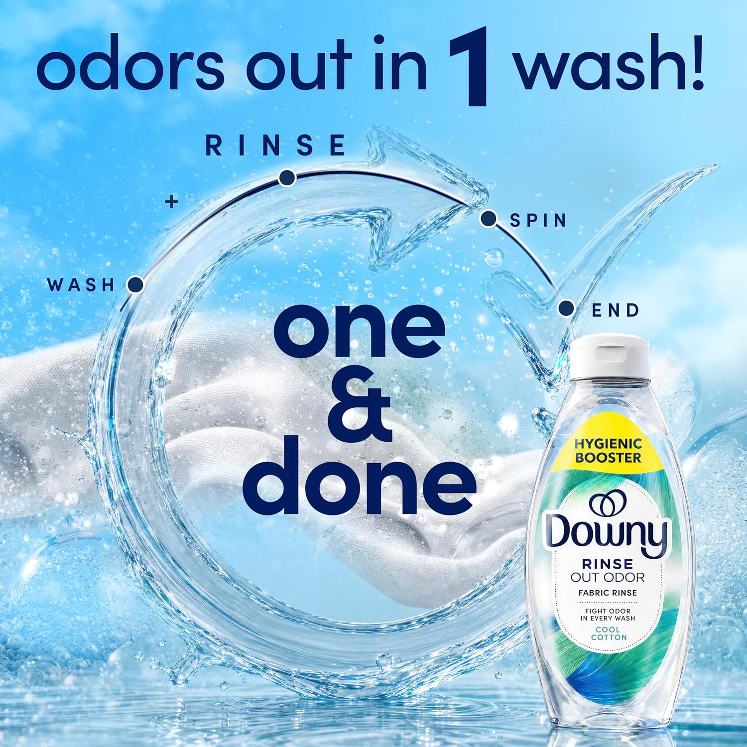 Downy Rinse Laundry Odor Remover, Cool Cotton Scent, 48 fl oz, Fabric Softener And Laundry Odor Removal Rinse, Fights Odors At The Source, HE Compatible