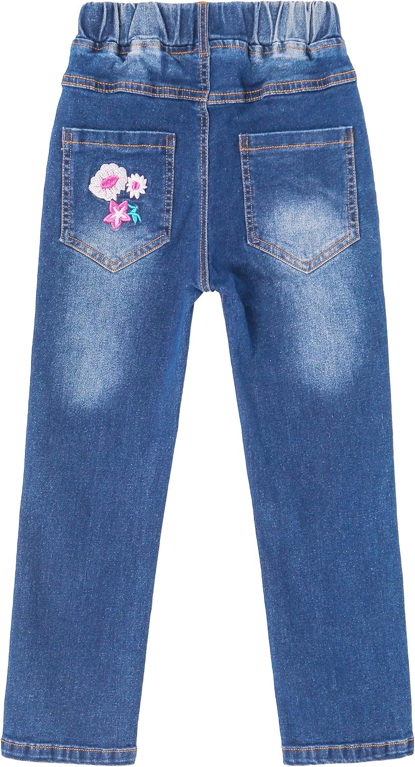 KIDSCOOL Girls Embroidered Jeans,4-15T Ribbed Elastic Waist Denim Pants