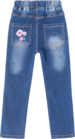 KIDSCOOL Girls Embroidered Jeans,4-15T Ribbed Elastic Waist Denim Pants