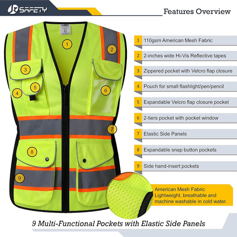 JKSafety Women Hi-Vis Reflective Safety Vest | Neon Color body Sewed Reflective Strips Breathable Lightweight
