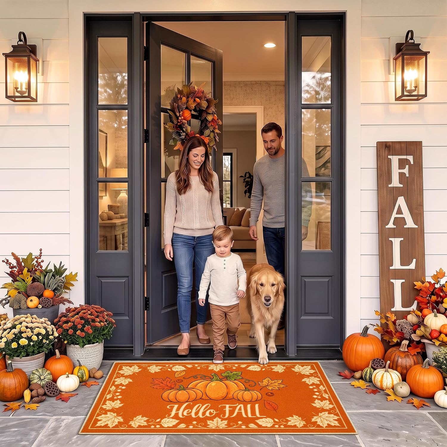 Fall Front Door Mat 2'x3', Hello Pumpkin Welcome Mat for Porch Rugs