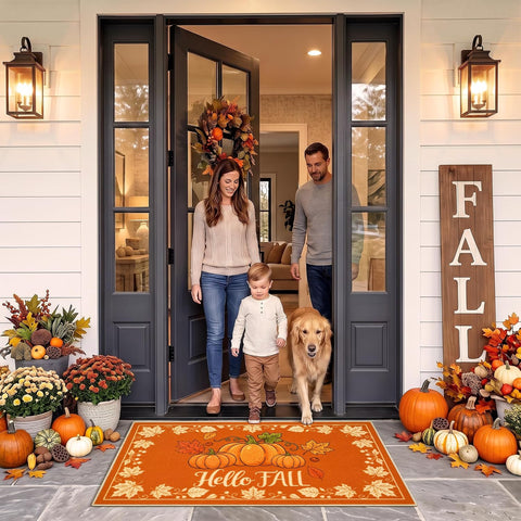Fall Front Door Mat 2'x3', Hello Pumpkin Welcome Mat for Porch Rugs
