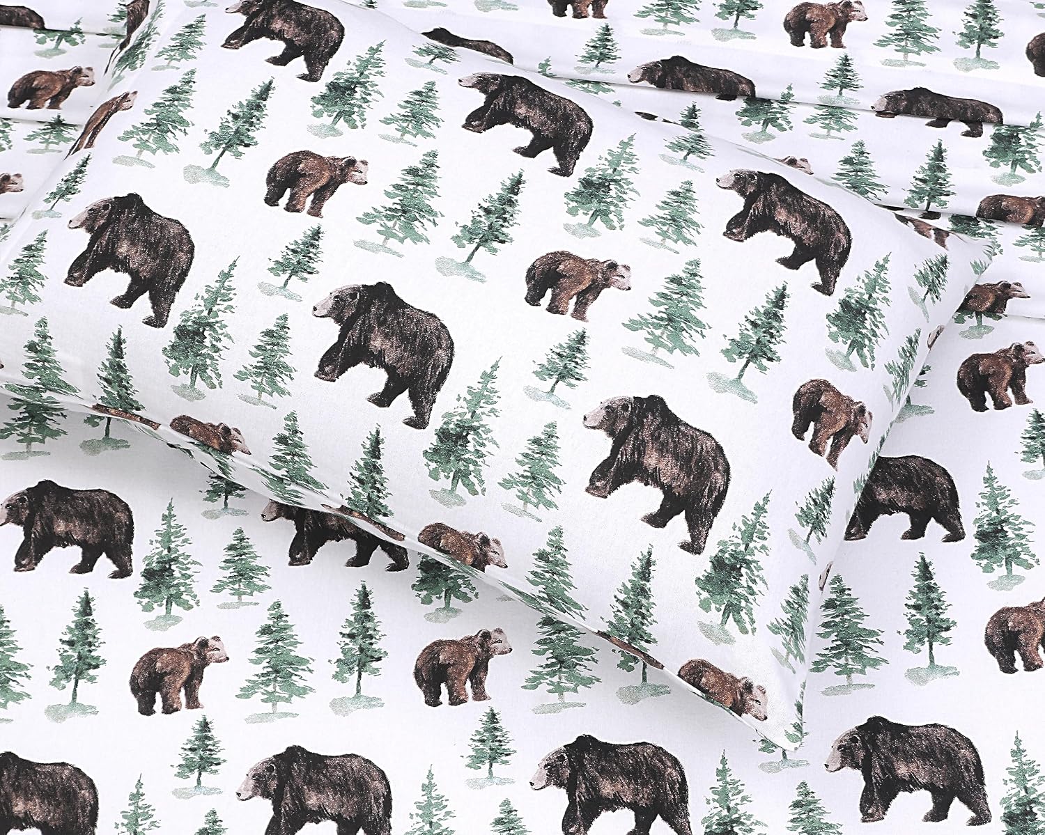 RUVANTI 100% Cotton Flannel Sheets King Size, 4 PCs, Bear & Tree