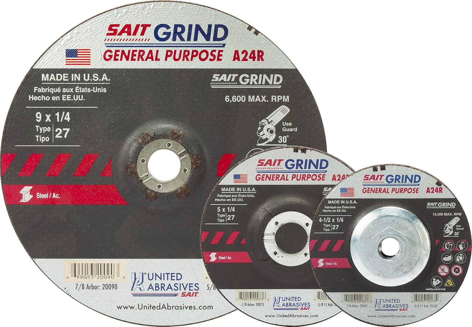 United Abrasives-SAIT 20076 A24R General Purpose/Long Life Grinding Wheel (Type 27/Depressed Center) 6" x 1/4" x 5/8-11", 10-Pack