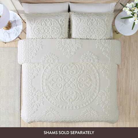 Beatrice Home Fashions Medallion Queen Cotton Chenille Bedspread, Ivory