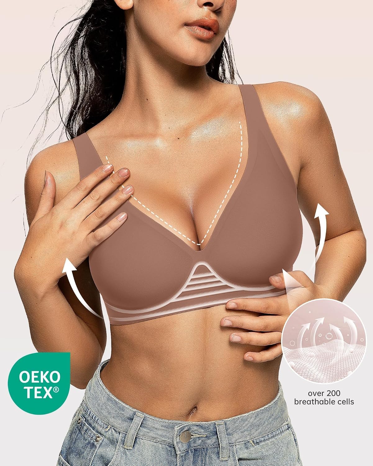 OEAK Womens Jelly Bras Wireless Deep V Comfy Push Up Tshirt Bras COF XXL+