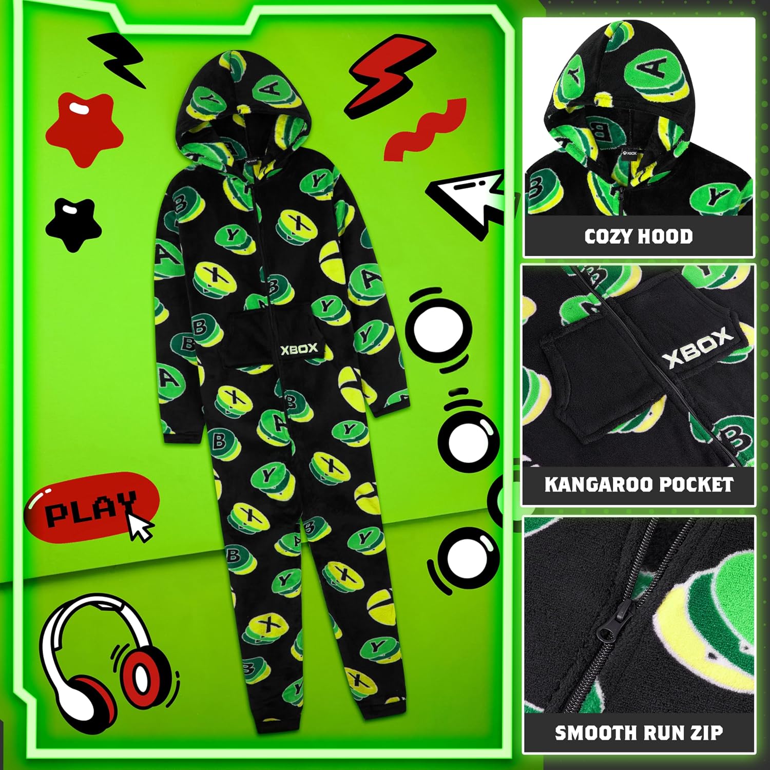 Xbox One Piece Pajamas for Boys, Teens, Fleece Jumpsuit, Pajama Set, Sleepwear PJs, Loungewear, Gamer Gifts for Boys