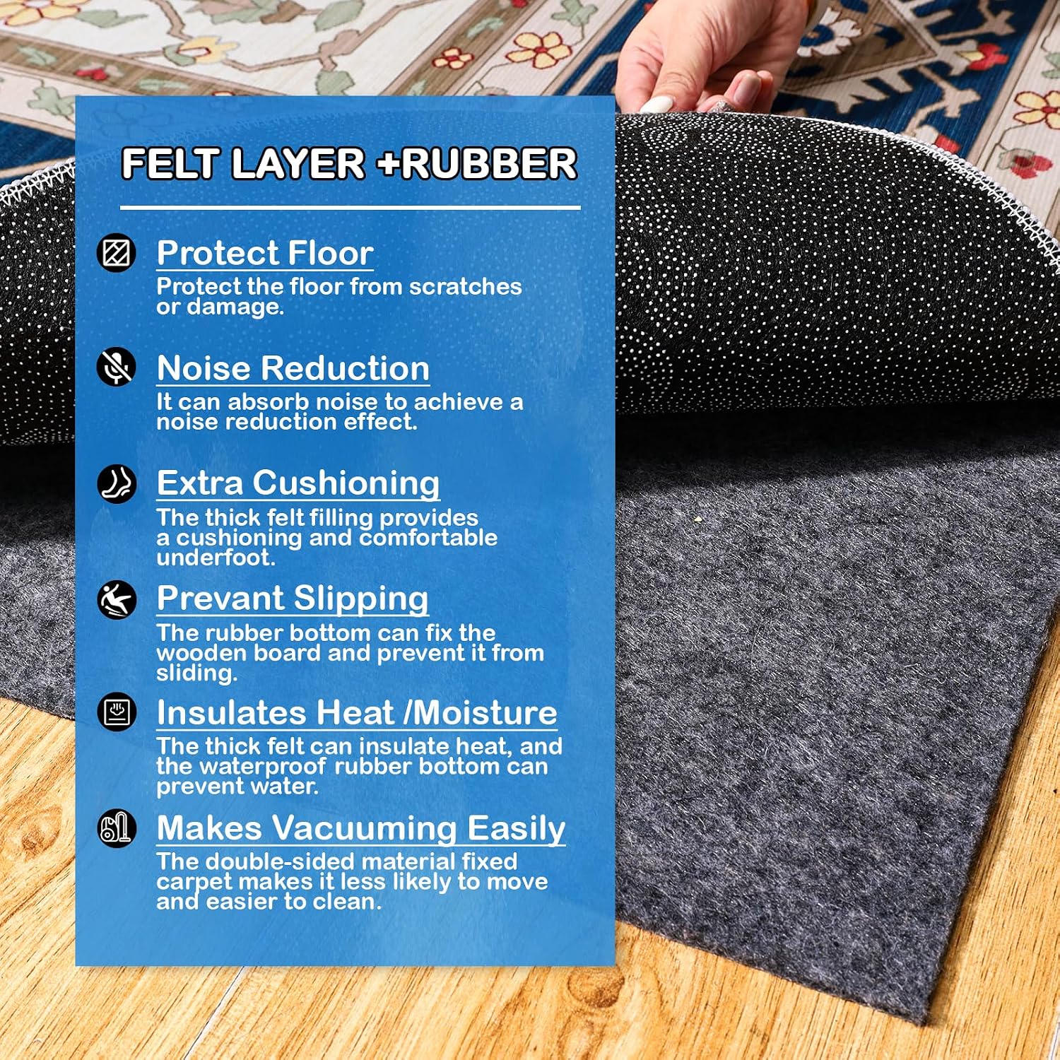 Non-Slip Rug Pads 8 x 10 ft, 100% Waterproof Extra Large Area Rugs Non Skid Rug Pad for All Floors and Finishes Durable Hardwood Floor Protective Felt Keeps Rugs in Place, Safe and Secure
