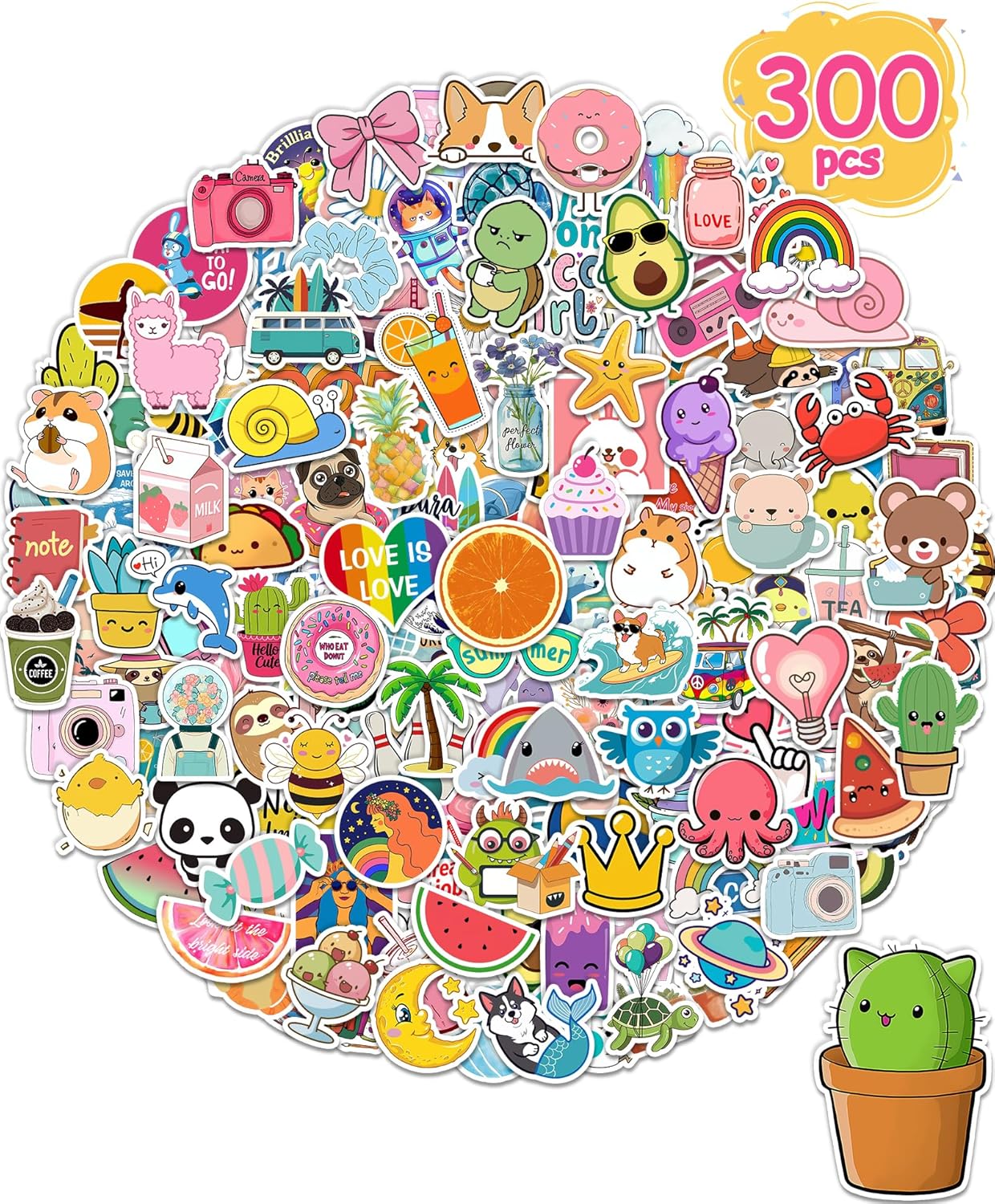 300 Pcs/Pack Water Bottle Stickers for Kids, Cute Vinyl Waterproof Stickers