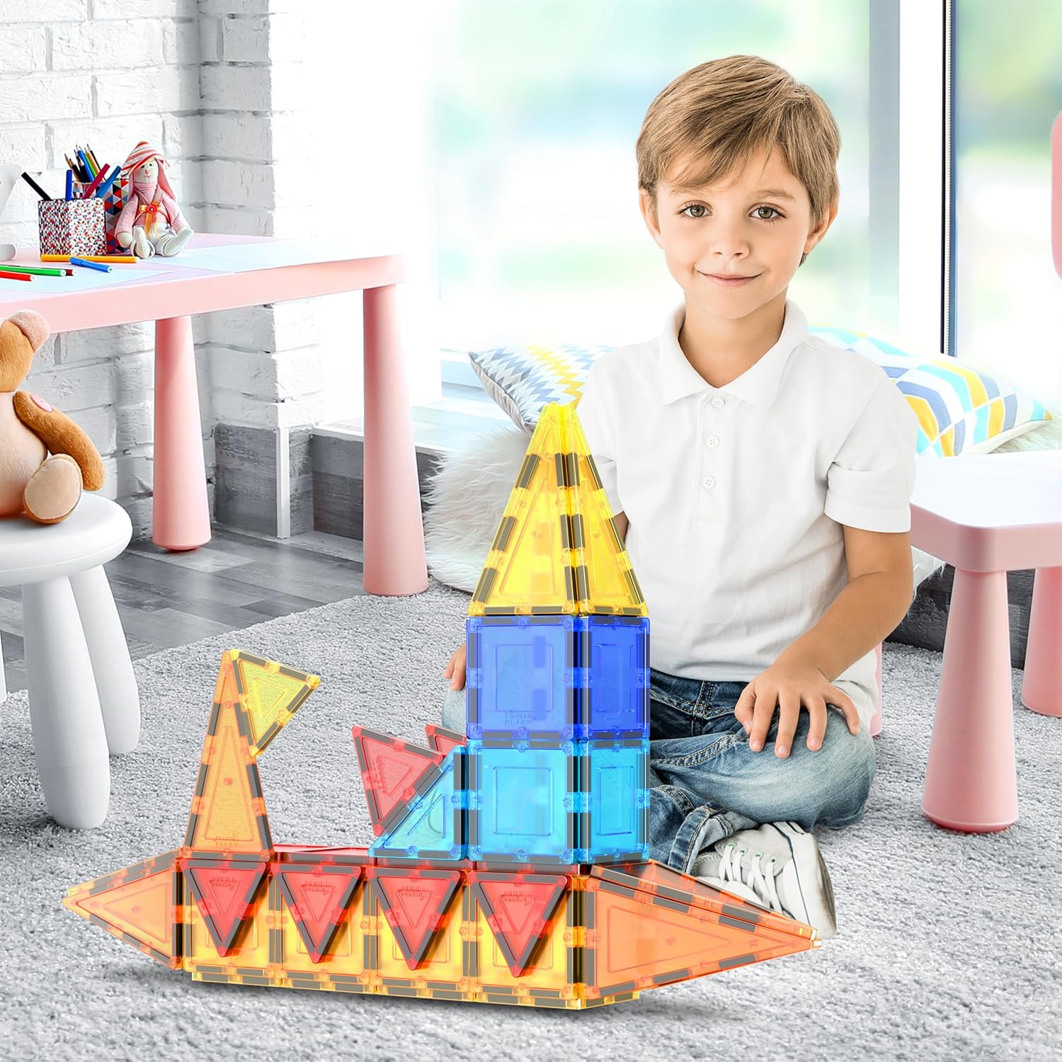 PicassoTiles 60 Piece Magnetic Tiles Clear 3D Building Blocks STEM Ages 3+