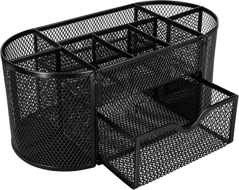 Amazon Basics Mesh Desk Organizer with Pen Holder, Pullout Drawer and Office Caddy Storage, 9.25" x 4.53" x 3.94", Black