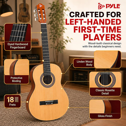 Pyle 36-Inch Left-Handed Classical Acoustic Guitar Kit, 3/4 Size Junior Nylon String Guitar for Kids and Adults, Includes Gig Bag, Strap, Spare Strings, Picks, Cleaning Cloth, 18 Frets, Gloss Finish