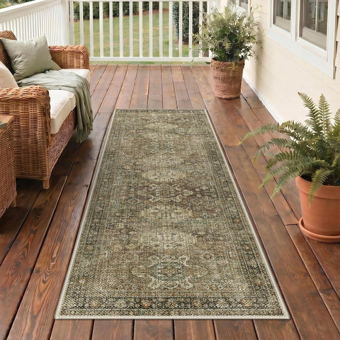 GENIMO 2.5x8 Outdoor Runner Rug, Washable for Patio, Olive Brown