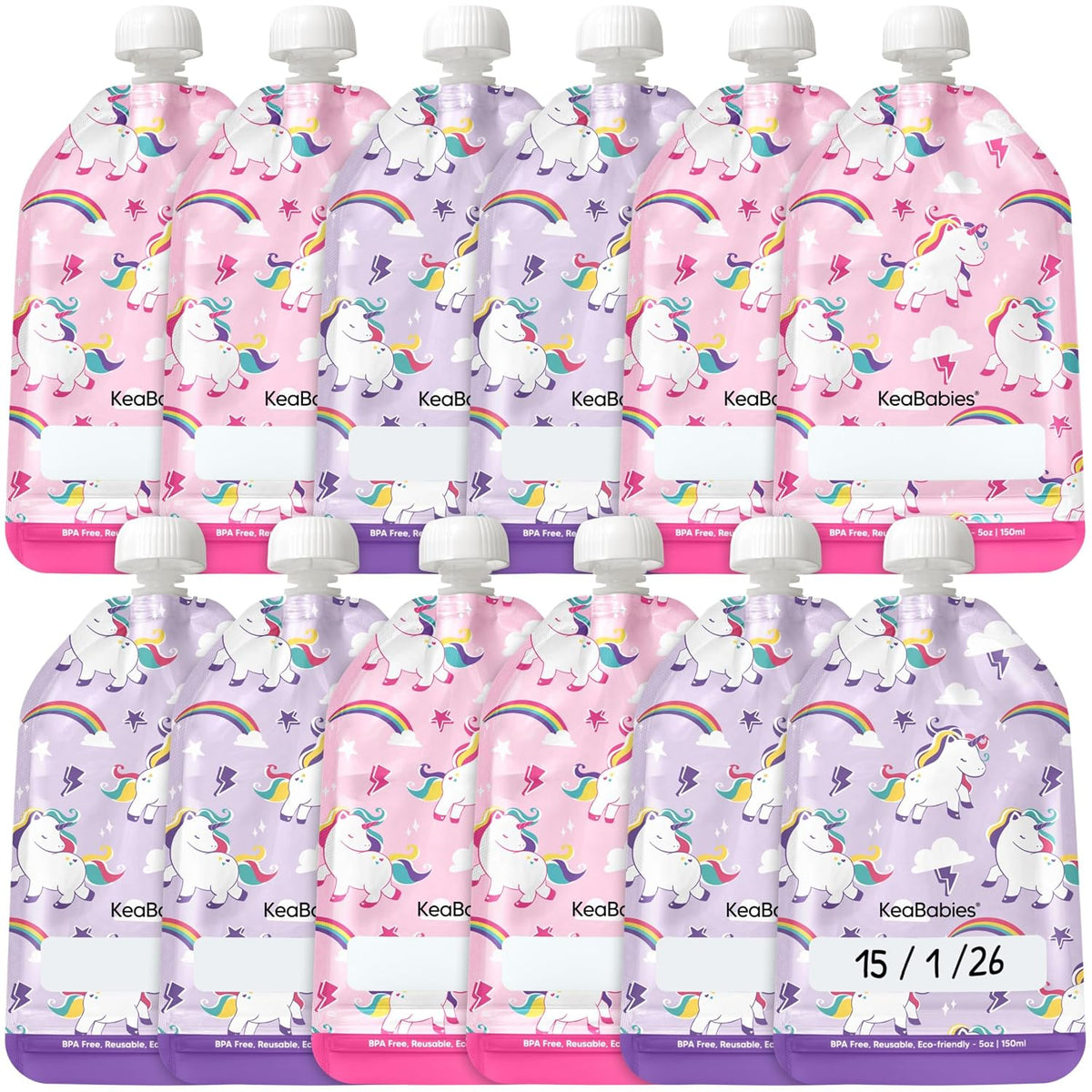 12-Pack Reusable Baby Food Pouches Refillable, 5oz, BPA-Free (Star Power)
