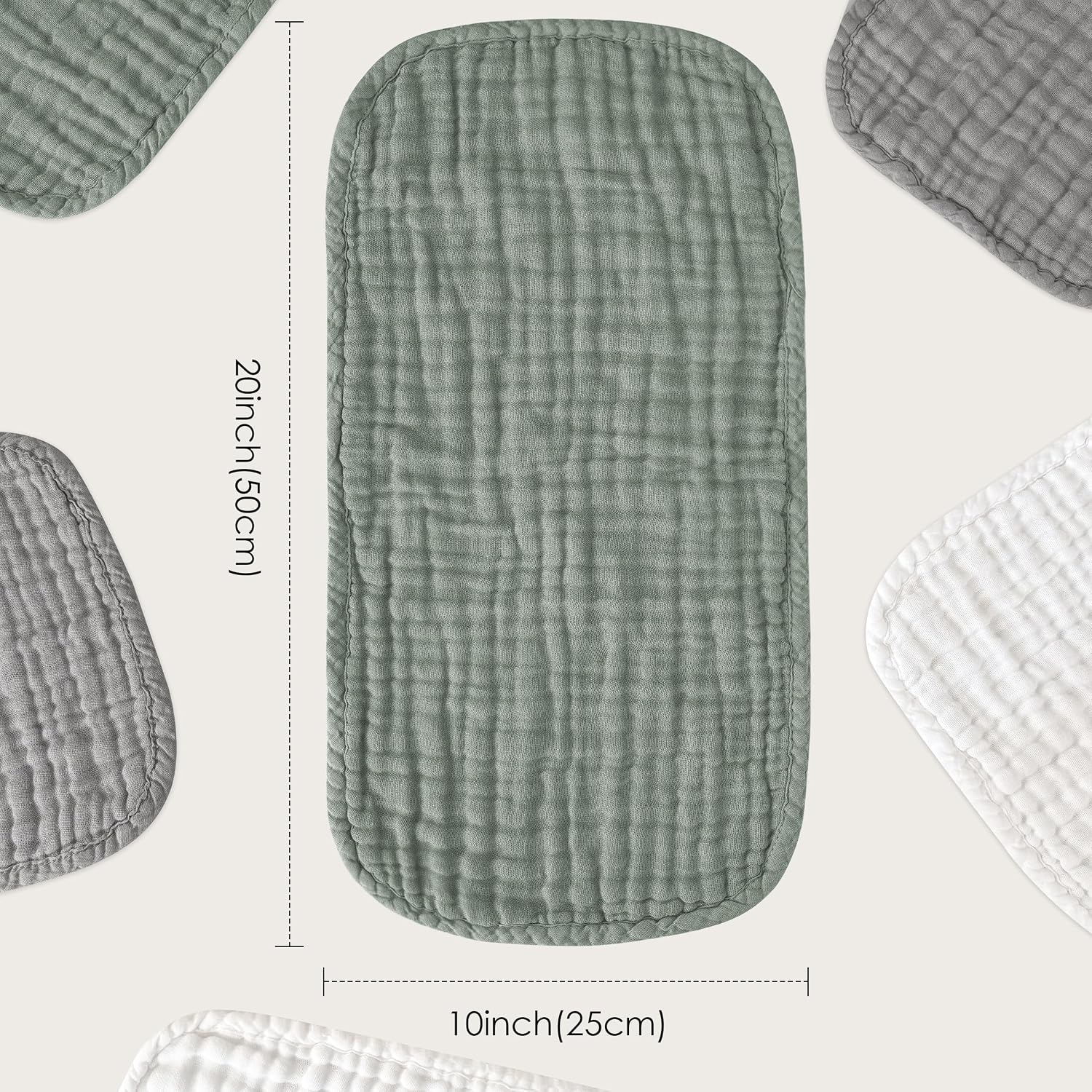 Sunny zzzZZ Muslin Burp Cloths for Baby 100% Cotton Burping Cloths for Unisex, Boy, Girl - Large 20'' by 10'' Newborn Essentials Ultra Soft Absorbent Milk Spit Up Rags - 12 Pack - White+Green+Grey
