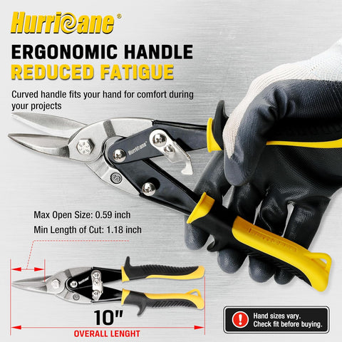 HURRICANE 10 inch Aviation Tin Snips, Straight Cut Metal Shears with Non-Slip Tyregrip Handle, Cr-V Steel Blades Shears for Thin Sheet Metal, Aluminum, Gutter & DIY Projects