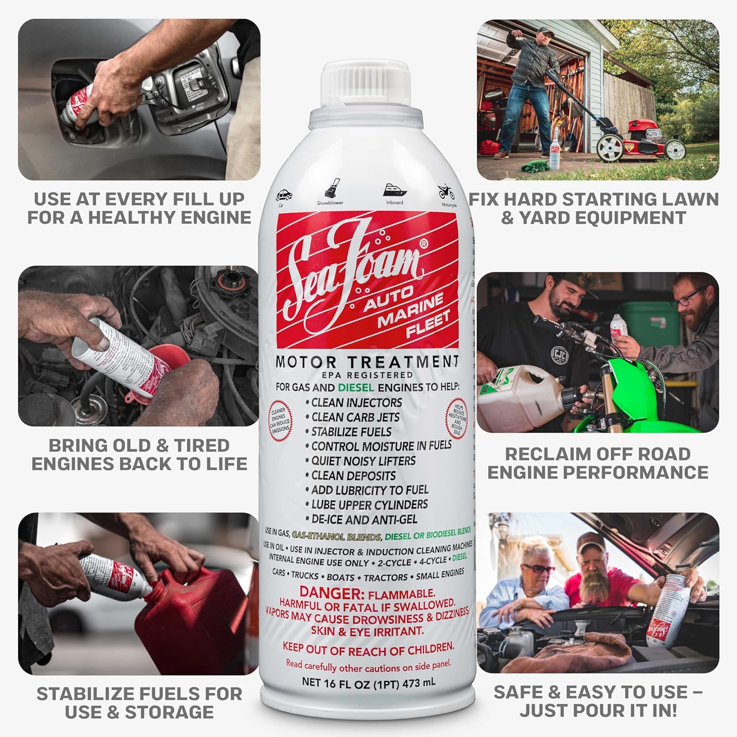 Sea Foam Motor Treatment | Fuel System Cleaner, Fuel Stabilizer & Oil Treatment | Gas & Diesel Additive for Cars & Trucks | 16 oz, Pack of 6