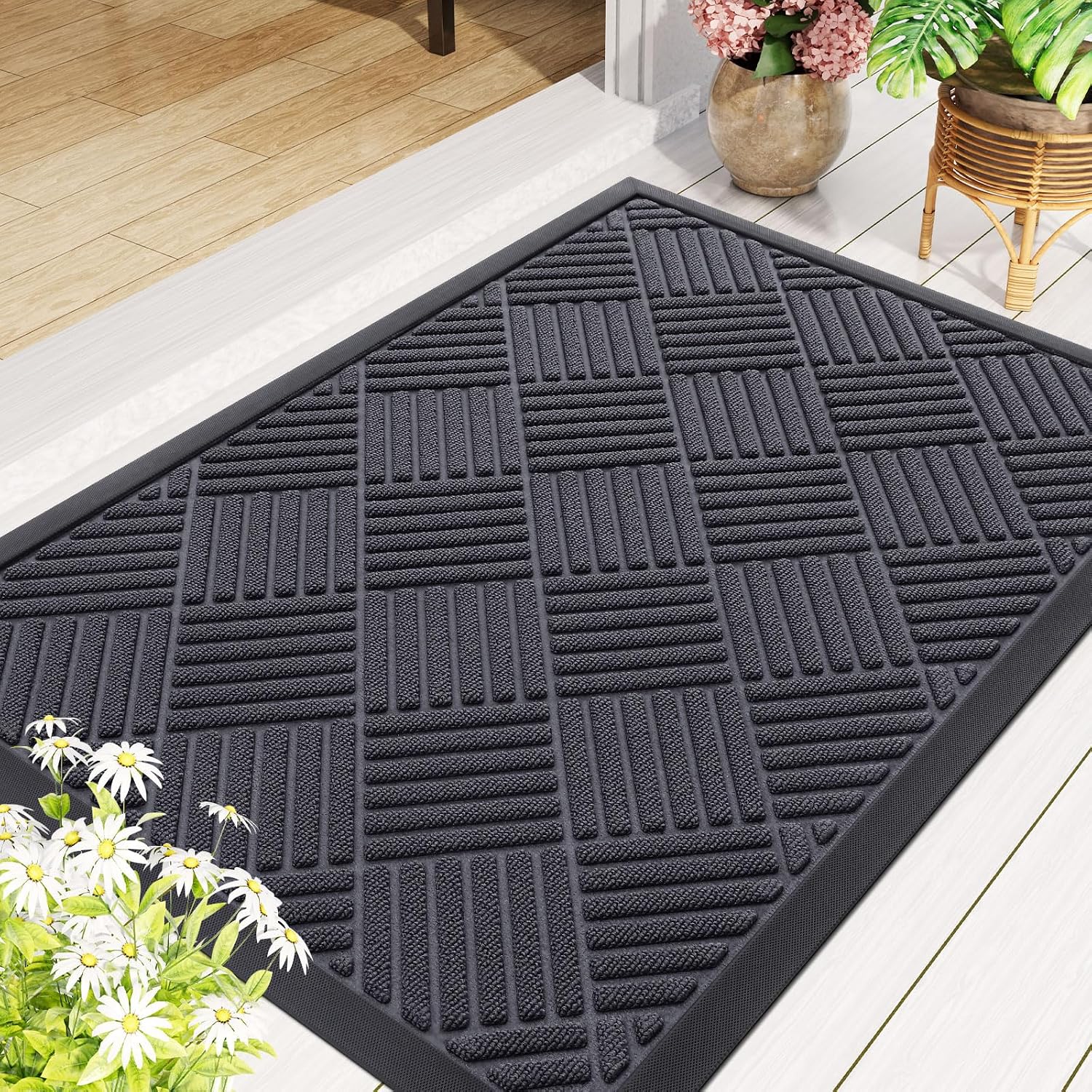 Smiry Front Door Mat Outside Entrance, Natural Rubber Doormat, 29.5x17 Inch