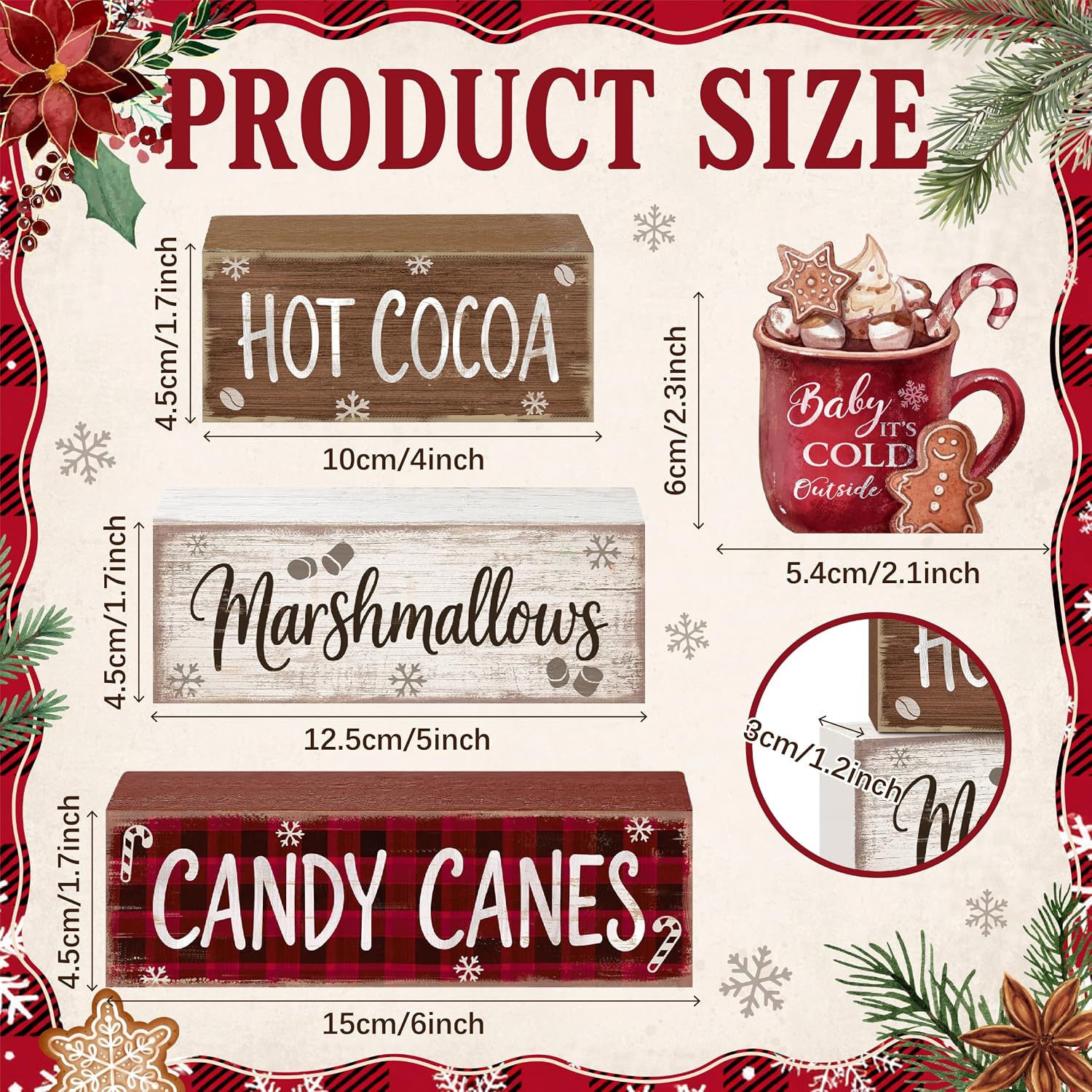 4 Pcs Christmas Table Decorations, Wooden Hot Cocoa Decor Indoor