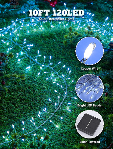 120 LED Solar Fairy Lights Outdoor Waterproof IP65, 10FT 8 Lighting Modes