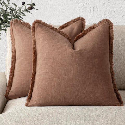 Foindtower Decorative Linen Fringe Throw Pillow Covers 16×16 Inch,Rust