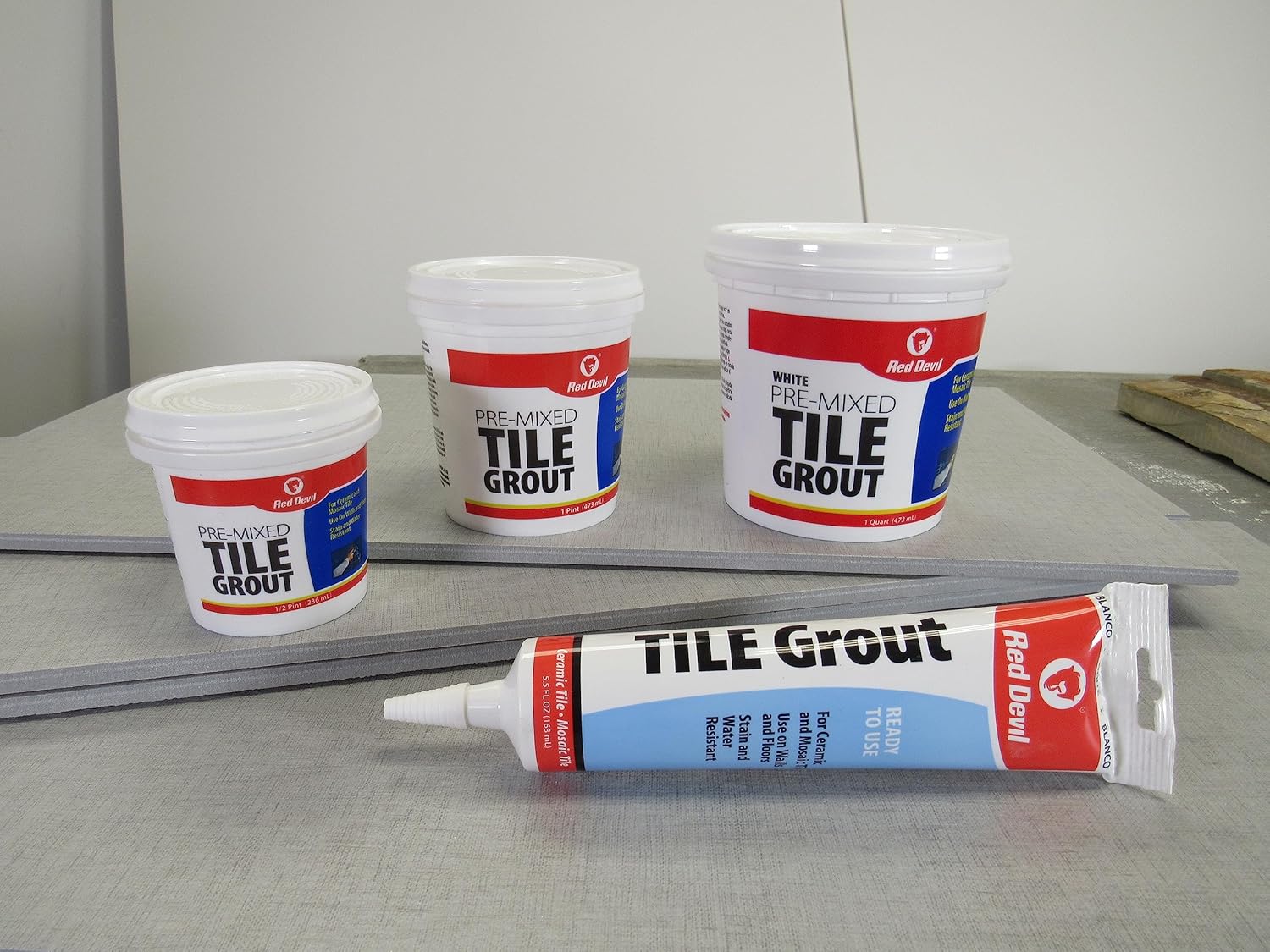 Red Devil 0428 Pre-Mixed Tile Grout - Professional Quality, Excellent Adhesion, Ideal for Wall & Floor Use - 1 Pint, White, Pack of 12, Made in USA