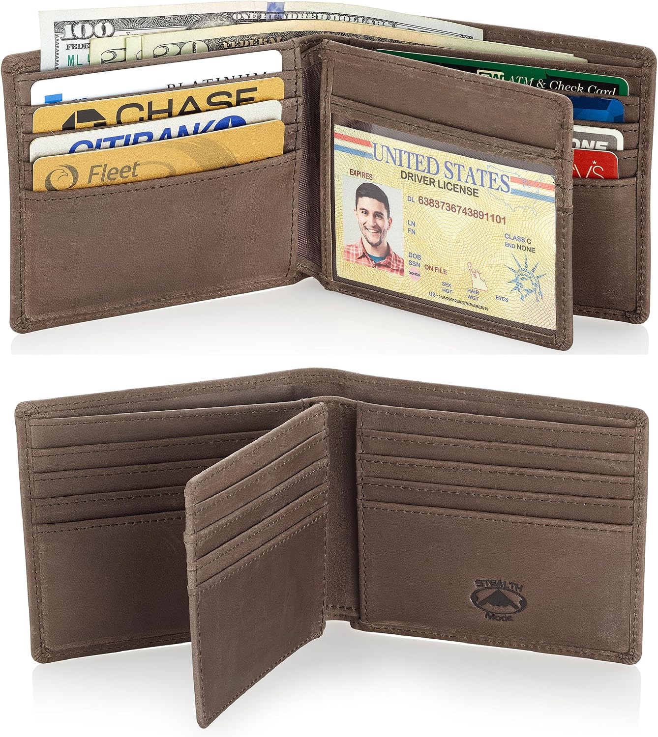 Stealth Mode Leather Bifold Wallet for Men With ID Window and RFID Blocking