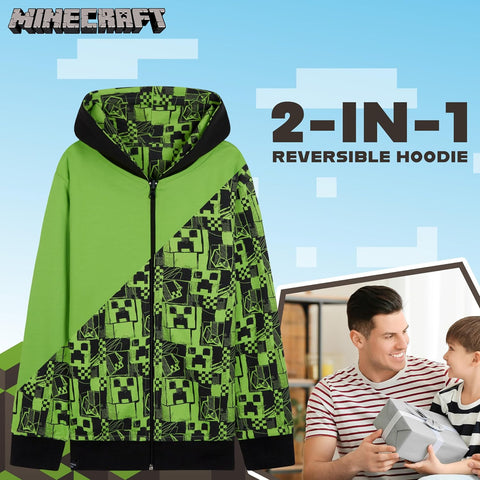 Minecraft Boys Hoodies - Reversible Hooded Sweatshirt for Kids Teenagers 5-14 Years Warm Zip up Hoodie Gamers Gifts