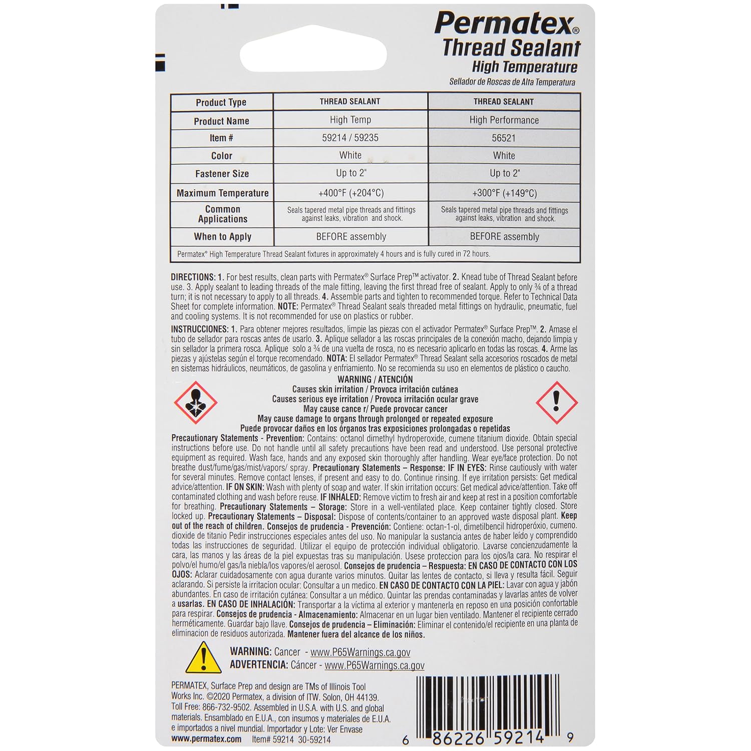 Permatex 59214 High Temperature Thread Sealant, 6 ml Tube