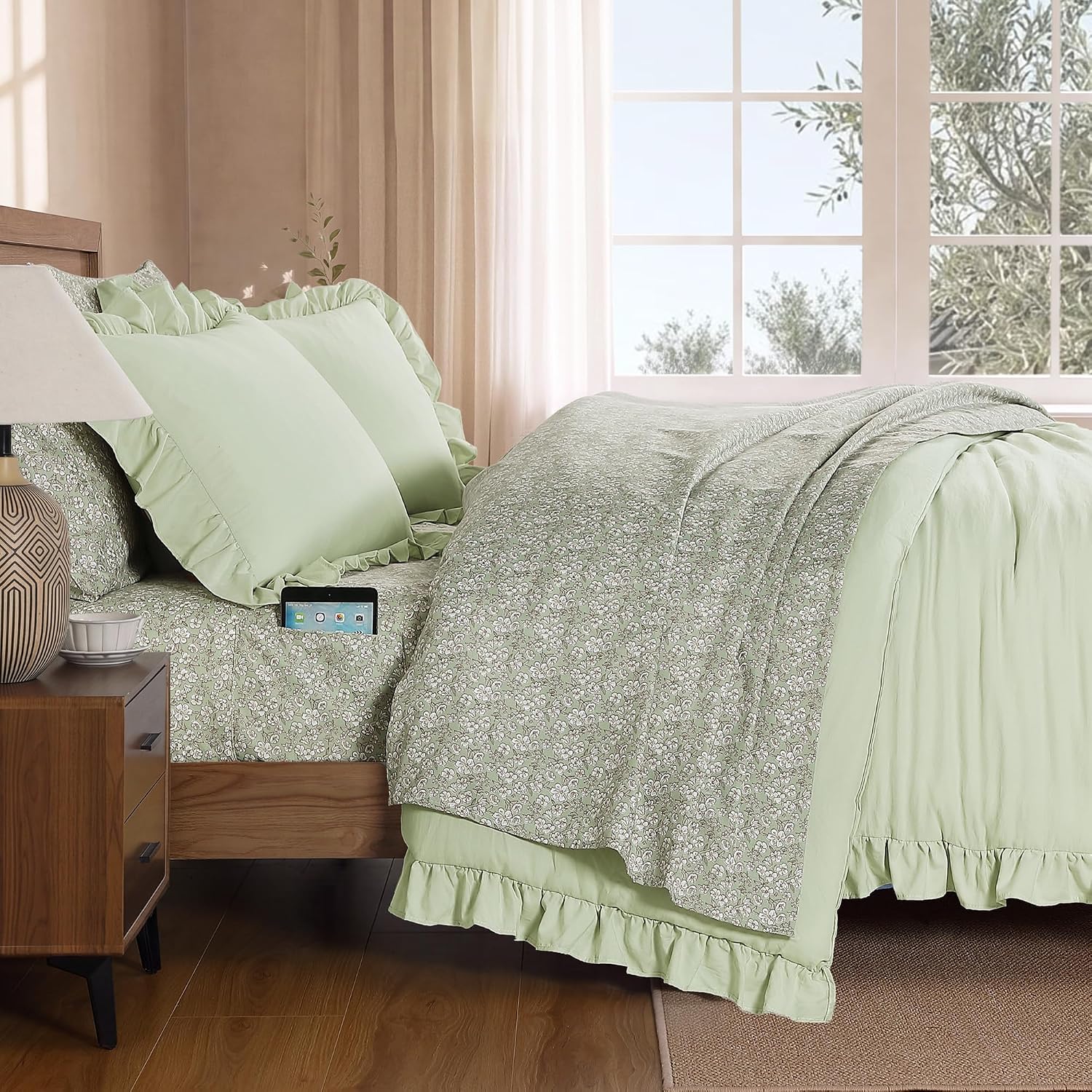 BLOOMHAVEN Full Size Comforter Sets-7 Pieces Ruffle Bedding Floral Sheet