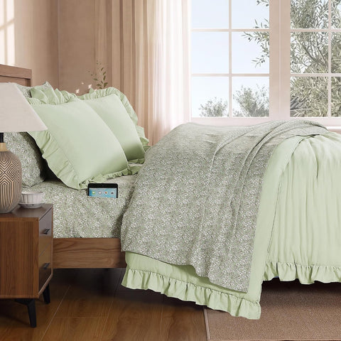 BLOOMHAVEN Full Size Comforter Sets-7 Pieces Ruffle Bedding Floral Sheet