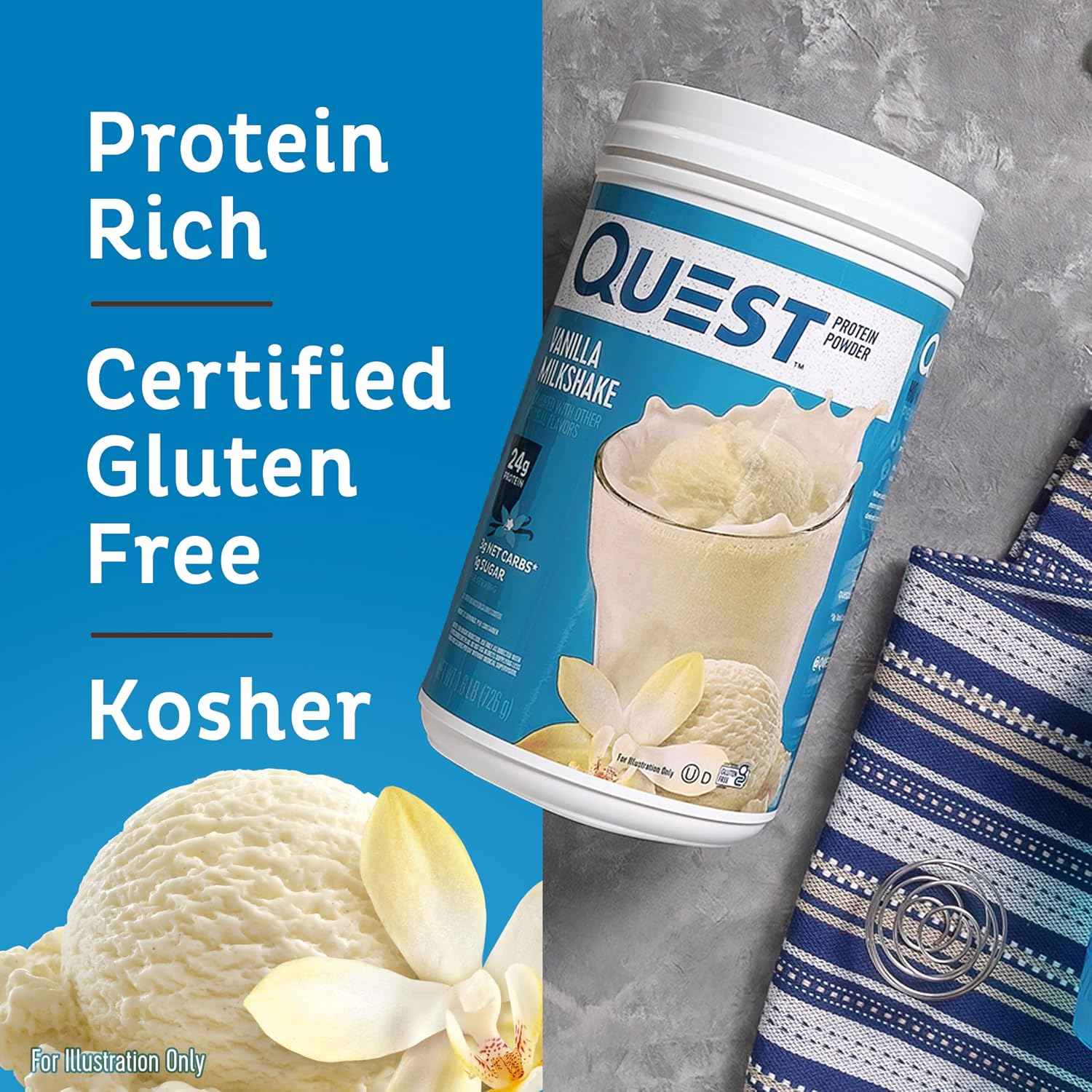 Quest Nutrition Vanilla Milkshake Protein Powder, 24g Protein, 1.6 Pound | 23 Servings, 3g Net Carbs, 1g Sugar, Low Carb, Gluten Free
