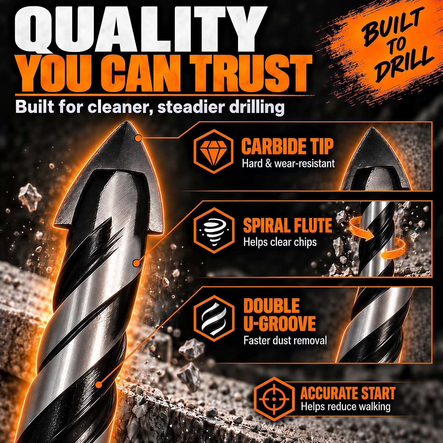 5-Piece Masonry Drill Bit Set & Concrete Drill Bit Set, 5 Sizes, 1/4"-1/2"
