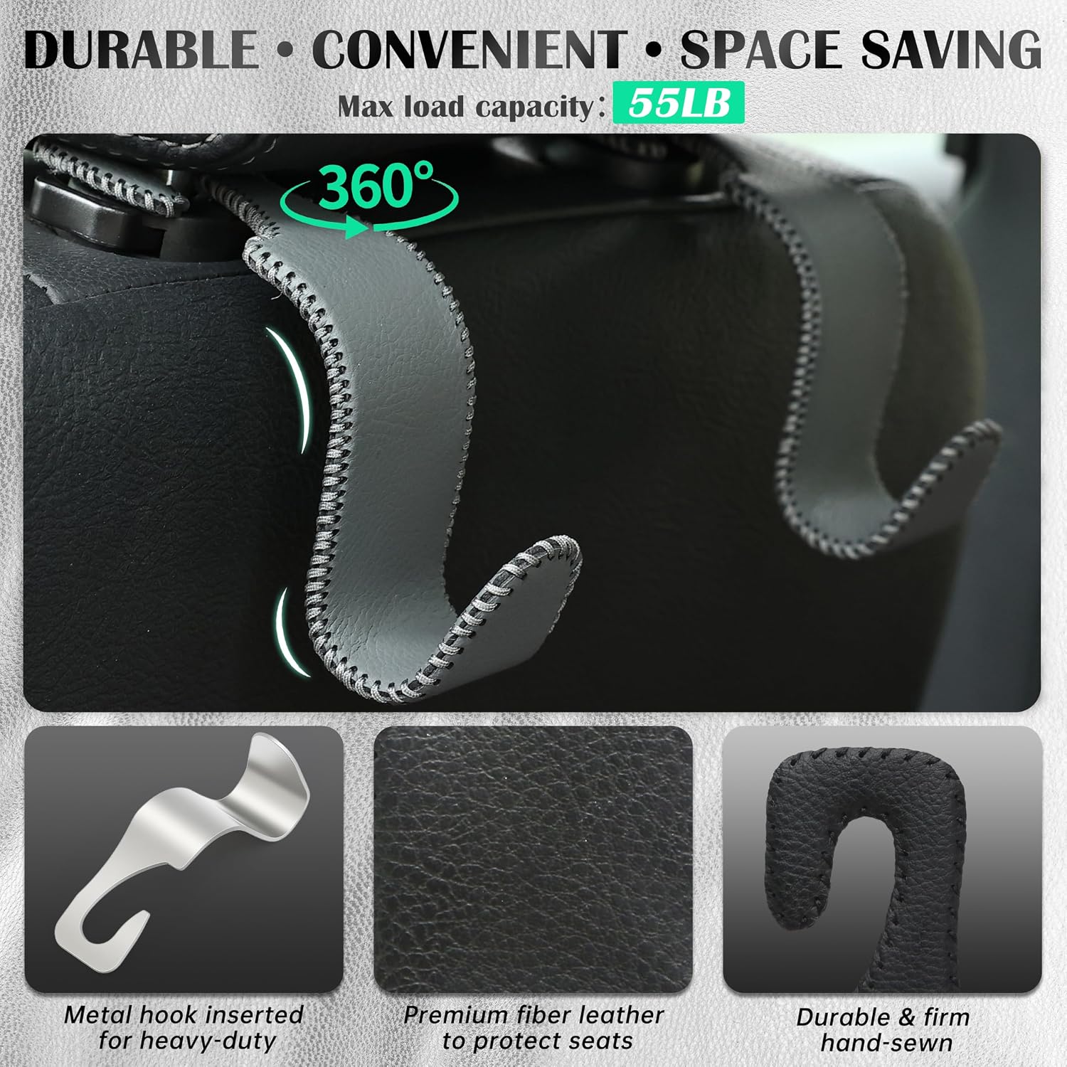 Car Seat Headrest Hook 55lb Heavy Duty Metal Hanger with Leather for Bags