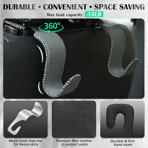 Car Seat Headrest Hook 55lb Heavy Duty Metal Hanger with Leather for Bags